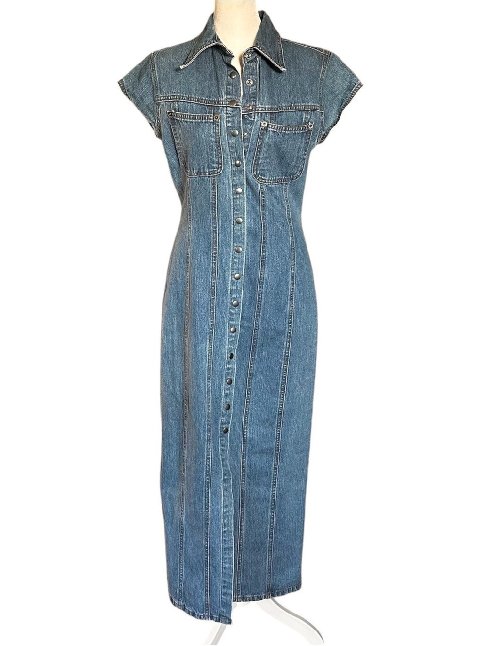 Just Clothes Vintage 100% Cotton Denim Snap Closure Fitted Long Dress Size 6